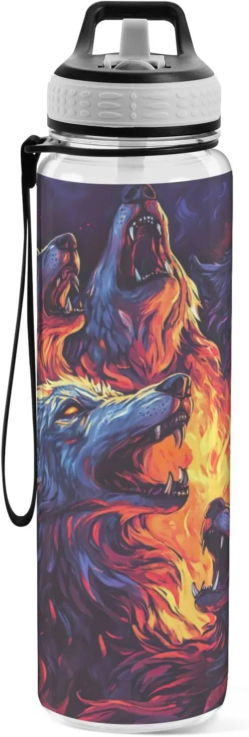 Burning Wolves Flames 32 Oz Water Bottle Straw BPA-Free Water Jugs for Drinking for Outdoor Sports