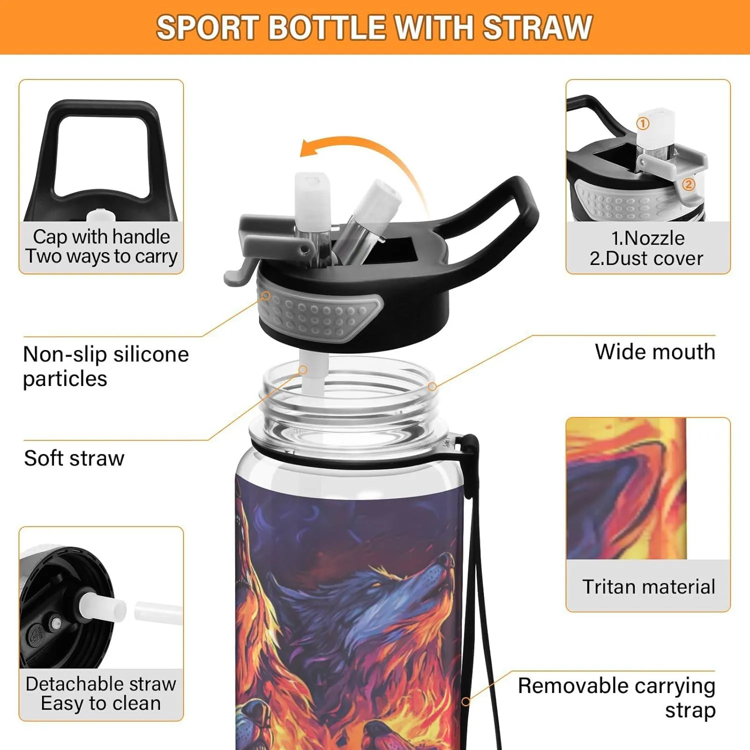 Burning Wolves Flames 32 Oz Water Bottle Straw BPA-Free Water Jugs for Drinking for Outdoor Sports