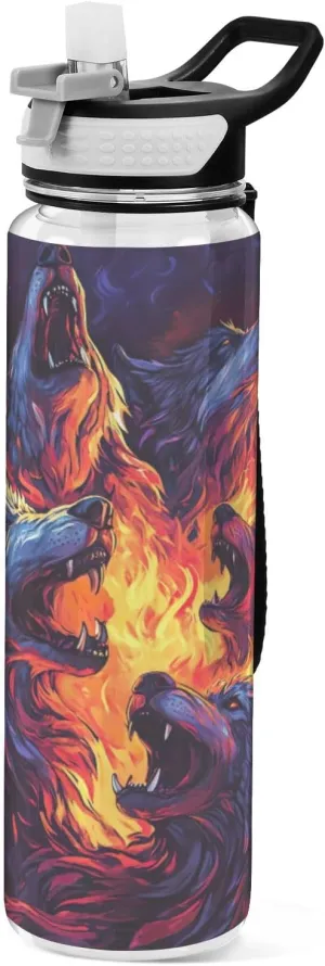 Burning Wolves Flames 32 Oz Water Bottle Straw BPA-Free Water Jugs for Drinking for Outdoor Sports