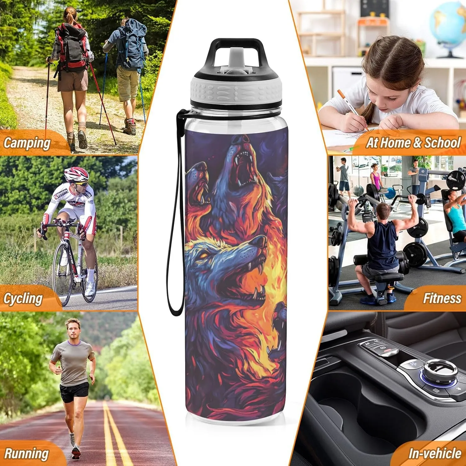 Burning Wolves Flames 32 Oz Water Bottle Straw BPA-Free Water Jugs for Drinking for Outdoor Sports