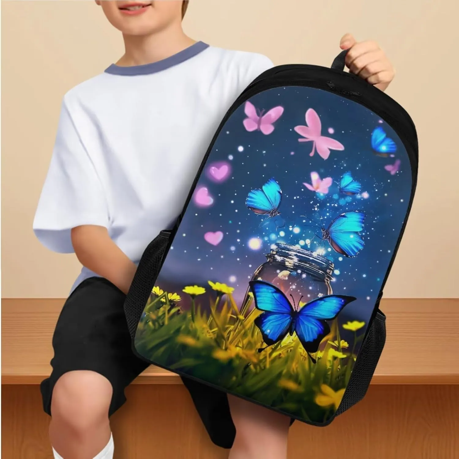 Butterfly Backpack and Lunch Box for Girls Boys Grades 3 to 8 Portable Lightweight School Bag for Kids Foldable Insulated Lunch Bag for Elementary School High School
