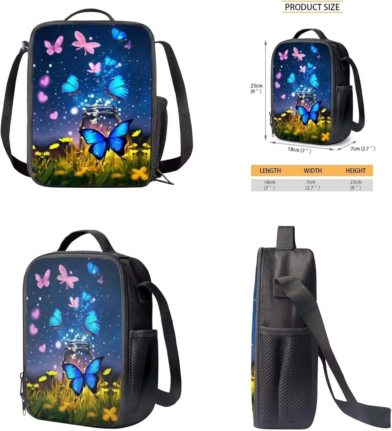 Butterfly Backpack and Lunch Box for Girls Boys Grades 3 to 8 Portable Lightweight School Bag for Kids Foldable Insulated Lunch Bag for Elementary School High School