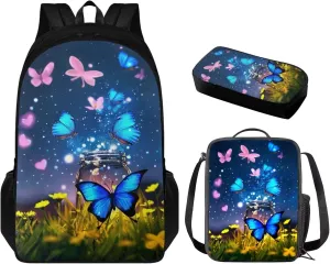 Butterfly Backpack and Lunch Box for Girls Boys Grades 3 to 8 Portable Lightweight School Bag for Kids Foldable Insulated Lunch Bag for Elementary School High School