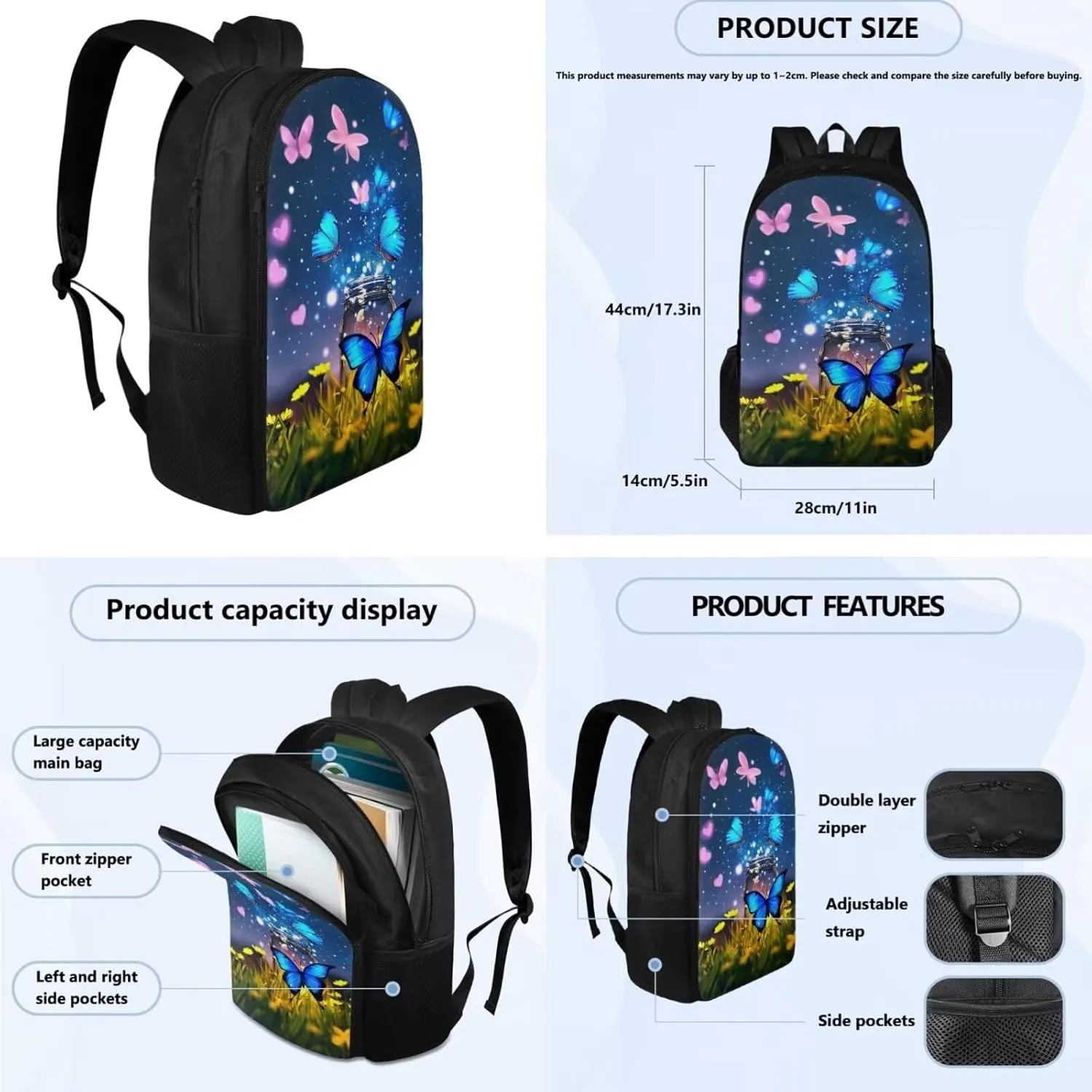 Butterfly Backpack and Lunch Box for Girls Boys Grades 3 to 8 Portable Lightweight School Bag for Kids Foldable Insulated Lunch Bag for Elementary School High School