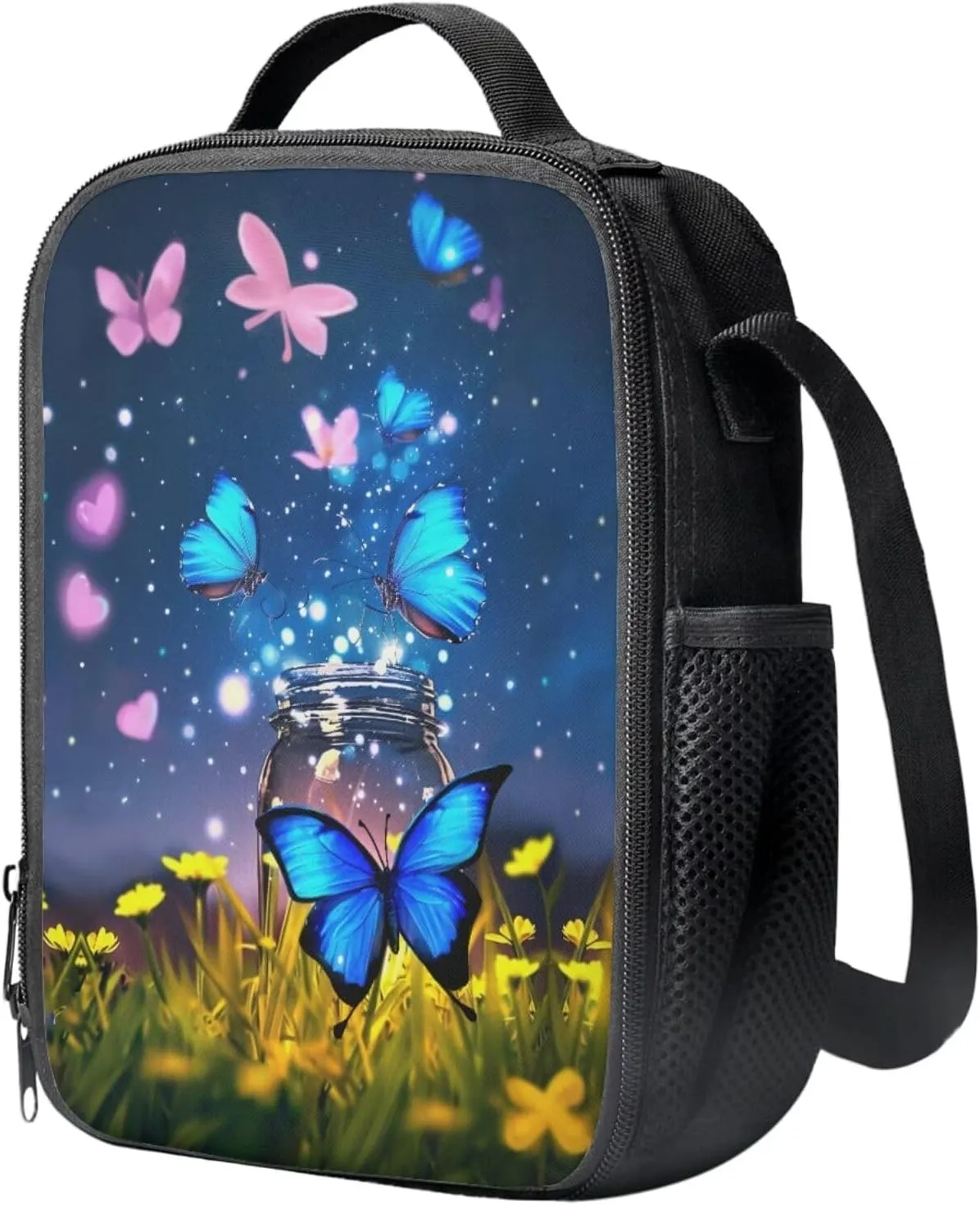 Butterfly Backpack and Lunch Box for Girls Boys Grades 3 to 8 Portable Lightweight School Bag for Kids Foldable Insulated Lunch Bag for Elementary School High School