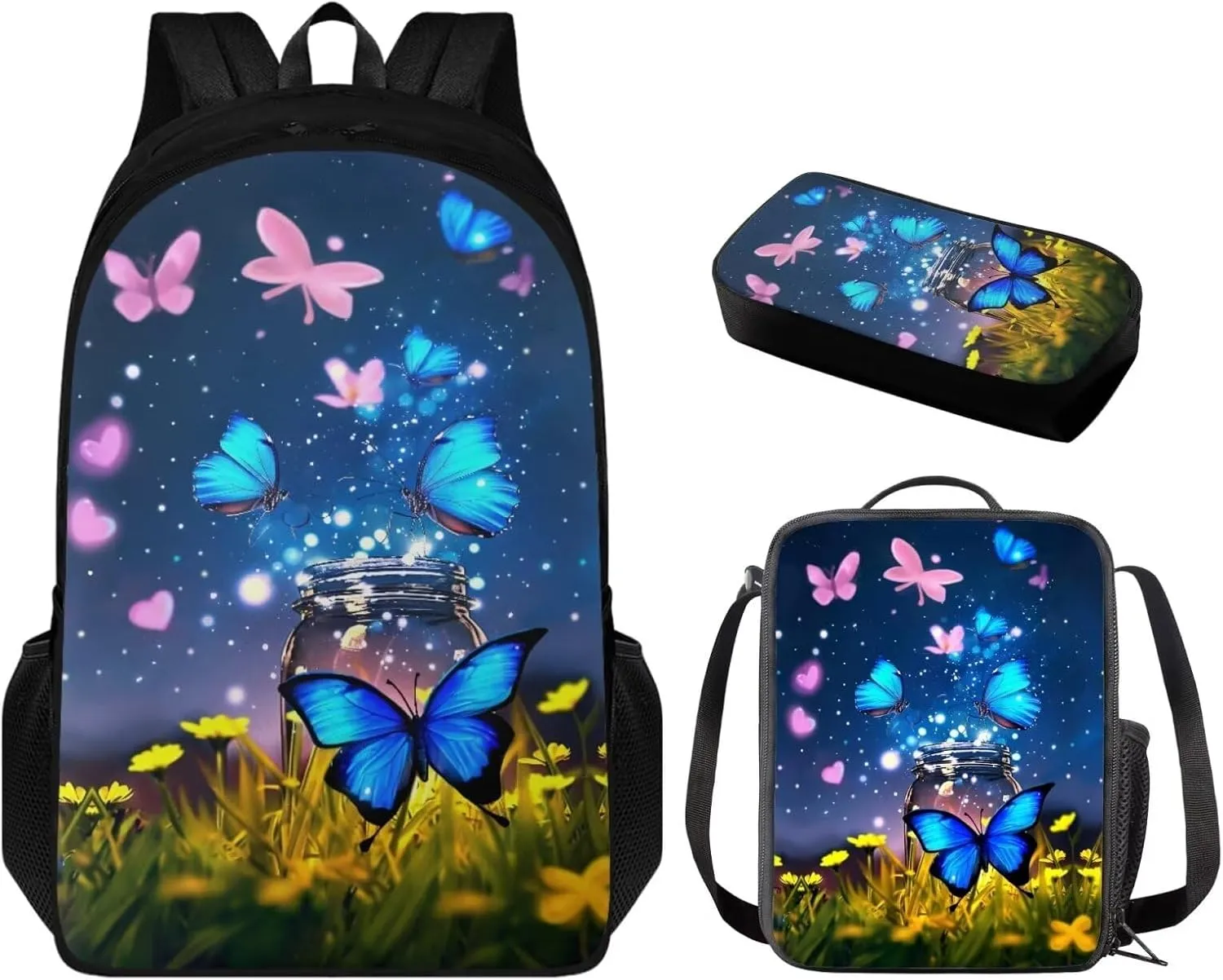 Butterfly Backpack and Lunch Box for Girls Boys Grades 3 to 8 Portable Lightweight School Bag for Kids Foldable Insulated Lunch Bag for Elementary School High School