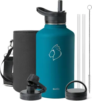 BUZIO 64 oz Water Bottle Insulated with Straw & 3 lid and Carrying Pouch, Leak Proof Half Gallon Stainless Steel Water Flask Jug, Cold for 48 Hrs Double Vacuum Thermo Canteen, BPA-Free, Dark Blue