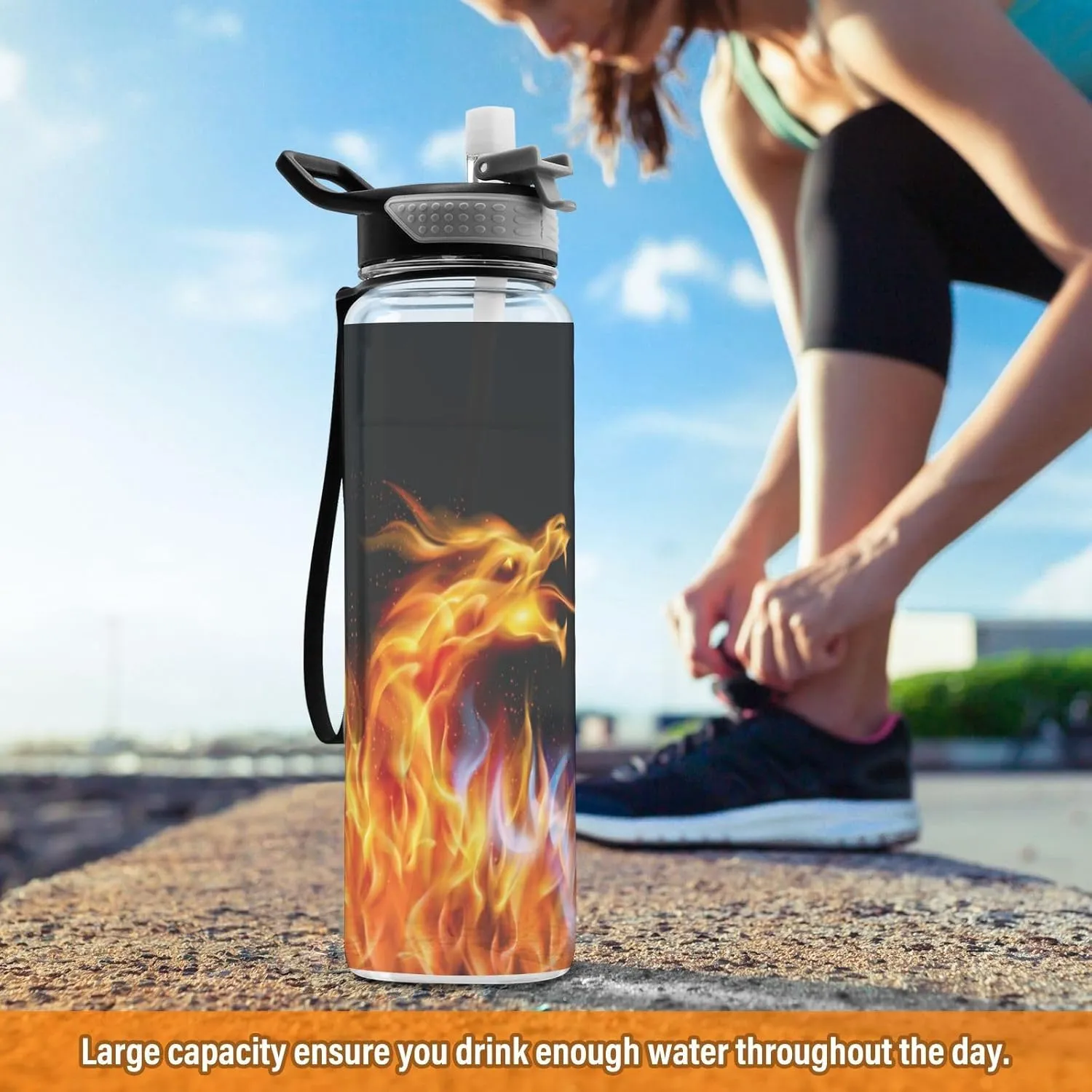 Caikeny Water Bottle with Straw Blue Red Fiery Dragon Sports Bottles BPA-Free Tritan Animal Water Jug with Carrying Strap for Gym Office Outdoor Sports