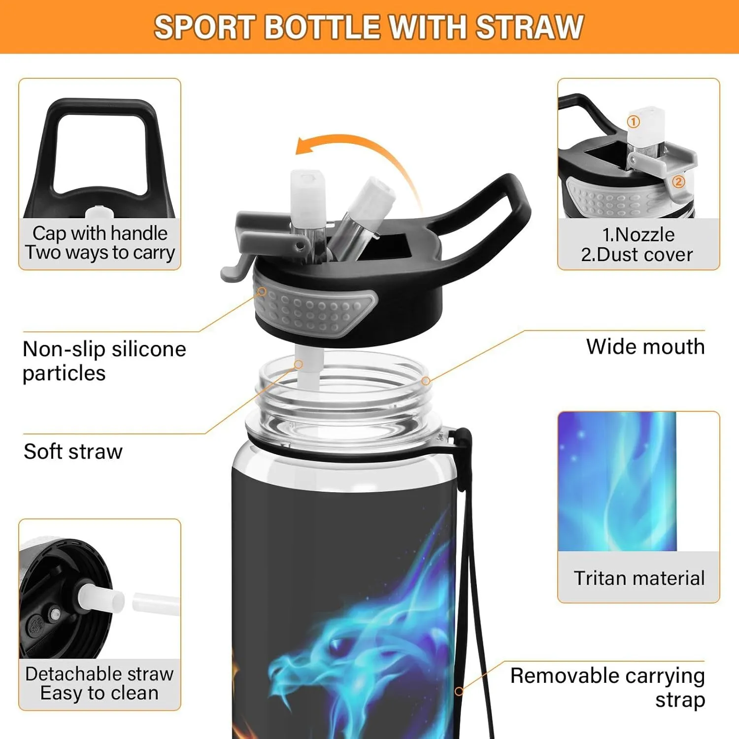 Caikeny Water Bottle with Straw Blue Red Fiery Dragon Sports Bottles BPA-Free Tritan Animal Water Jug with Carrying Strap for Gym Office Outdoor Sports