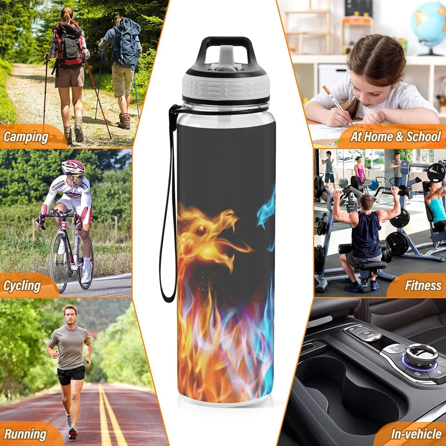 Caikeny Water Bottle with Straw Blue Red Fiery Dragon Sports Bottles BPA-Free Tritan Animal Water Jug with Carrying Strap for Gym Office Outdoor Sports