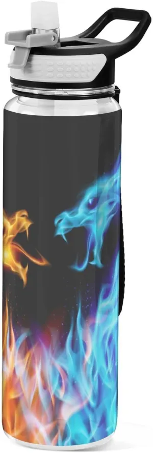 Caikeny Water Bottle with Straw Blue Red Fiery Dragon Sports Bottles BPA-Free Tritan Animal Water Jug with Carrying Strap for Gym Office Outdoor Sports