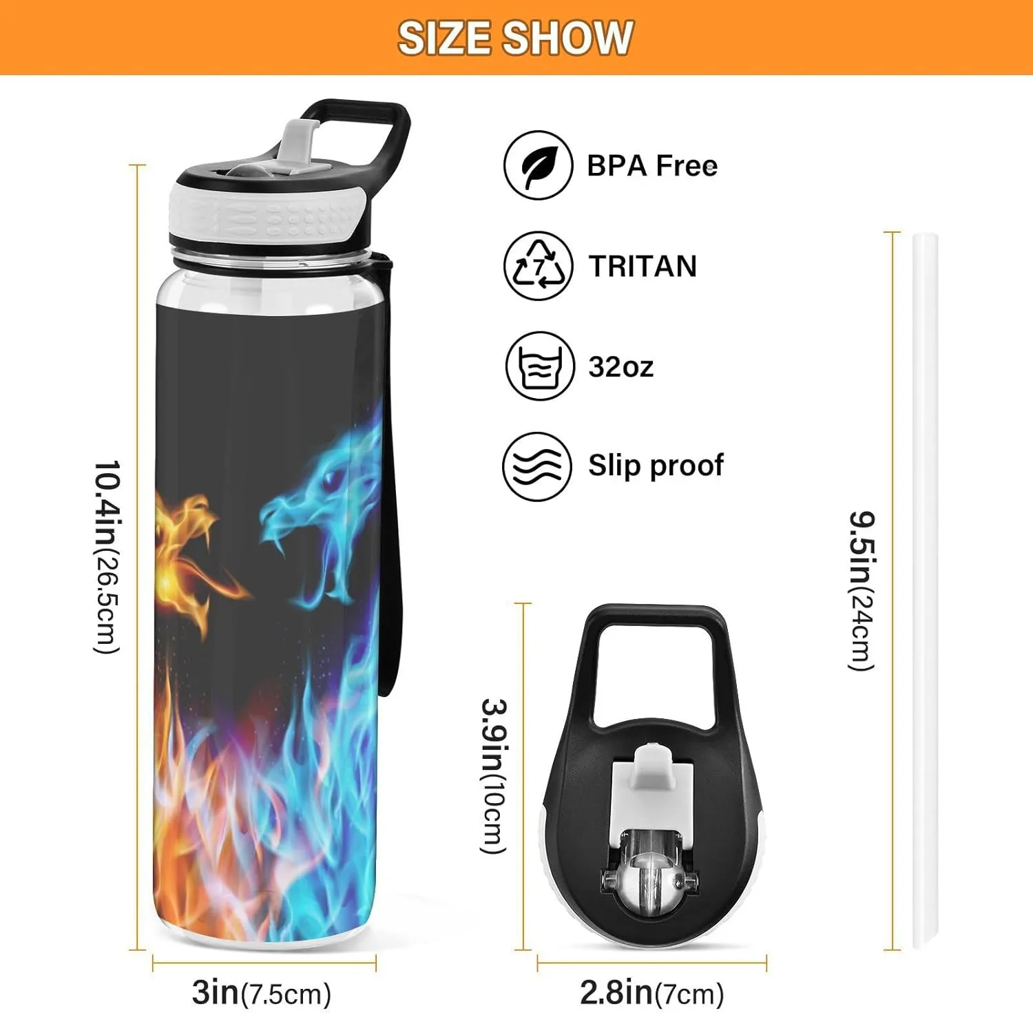 Caikeny Water Bottle with Straw Blue Red Fiery Dragon Sports Bottles BPA-Free Tritan Animal Water Jug with Carrying Strap for Gym Office Outdoor Sports
