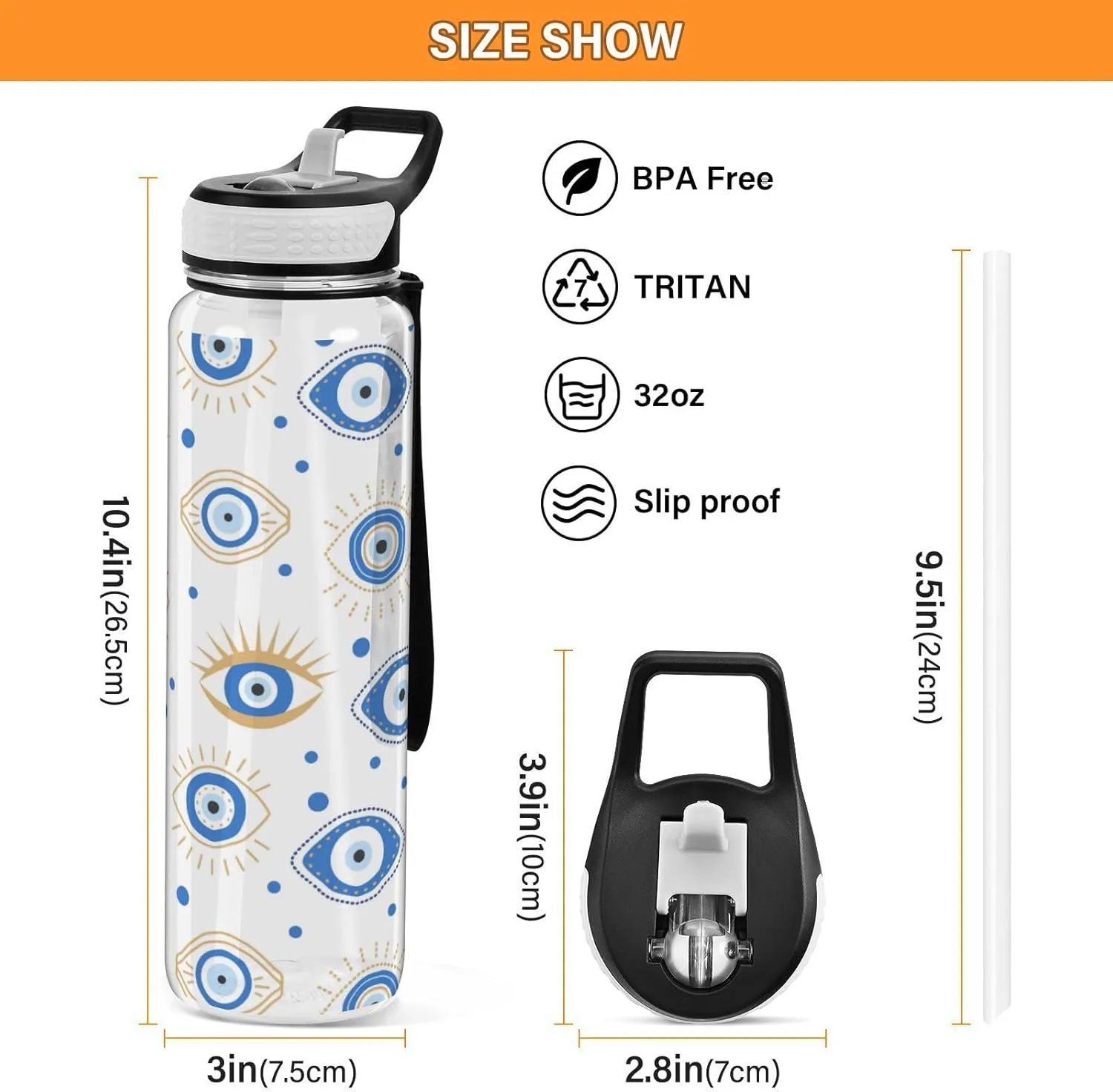 Caikeny Water Bottle with Straw Funny Eye Sports Bottles BPA-Free Tritan Blue Dots Water Jug with Carrying Strap for Women Men Gym Outdoor Sports