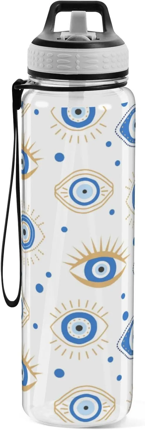 Caikeny Water Bottle with Straw Funny Eye Sports Bottles BPA-Free Tritan Blue Dots Water Jug with Carrying Strap for Women Men Gym Outdoor Sports