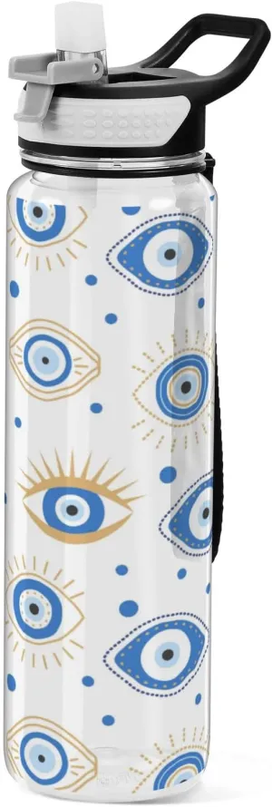 Caikeny Water Bottle with Straw Funny Eye Sports Bottles BPA-Free Tritan Blue Dots Water Jug with Carrying Strap for Women Men Gym Outdoor Sports