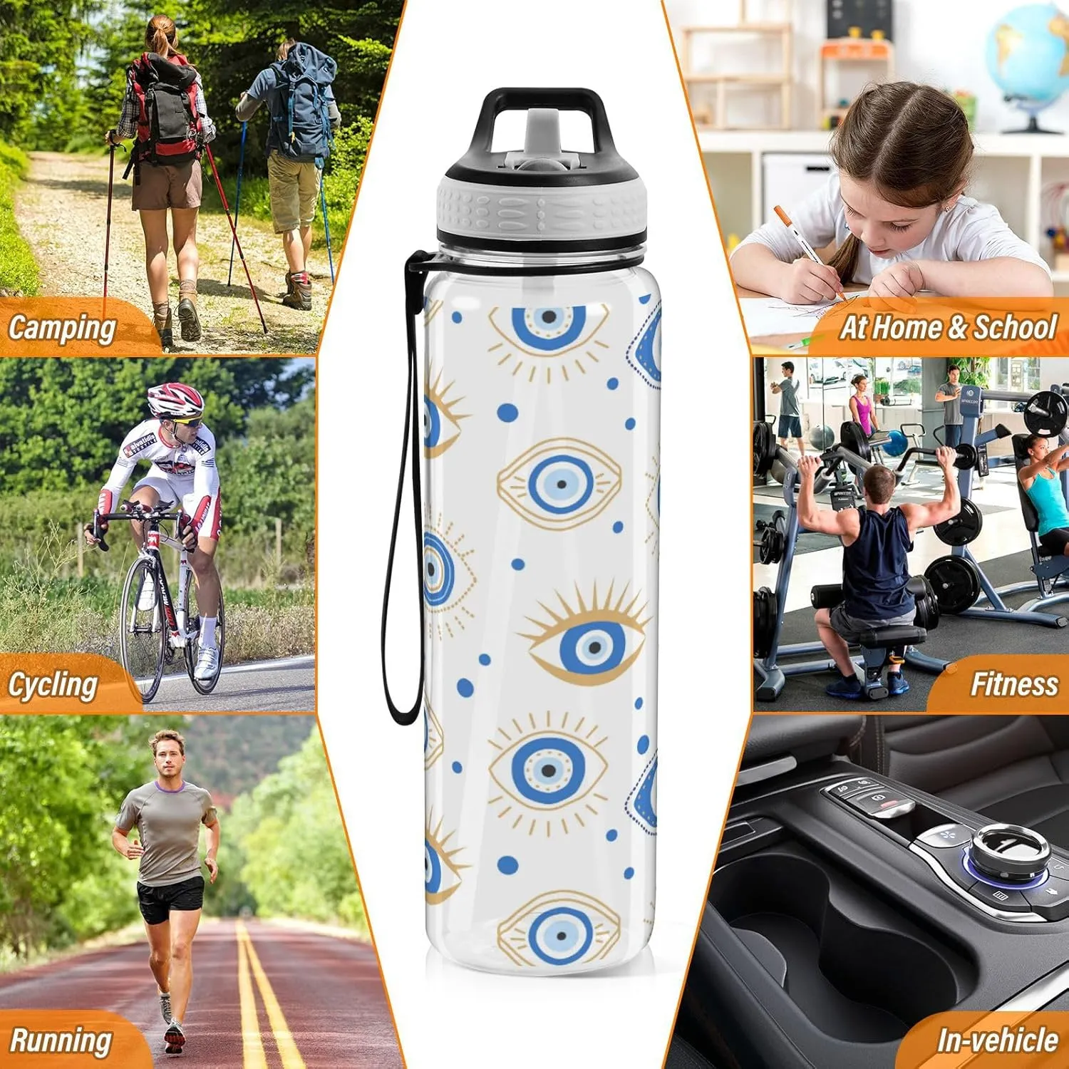 Caikeny Water Bottle with Straw Funny Eye Sports Bottles BPA-Free Tritan Blue Dots Water Jug with Carrying Strap for Women Men Gym Outdoor Sports
