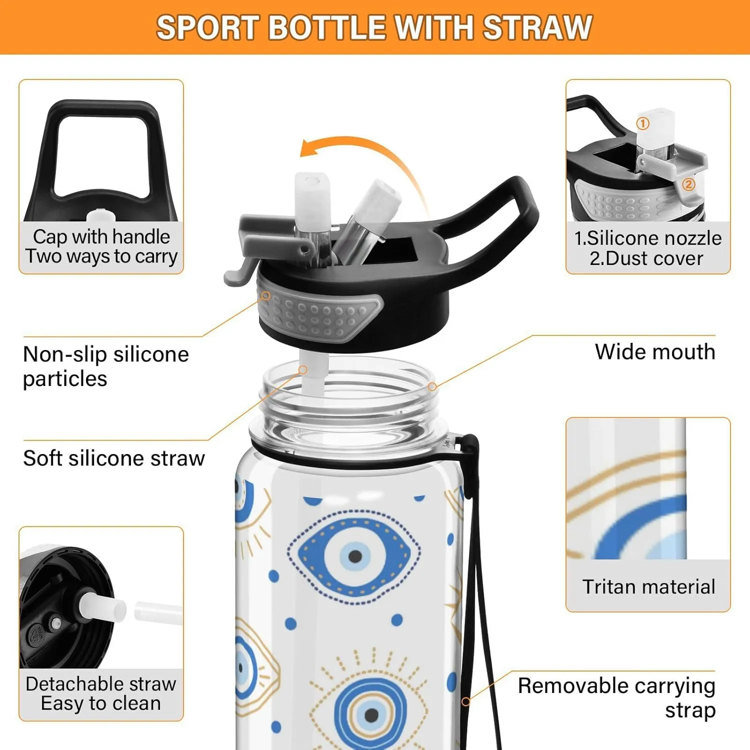 Caikeny Water Bottle with Straw Funny Eye Sports Bottles BPA-Free Tritan Blue Dots Water Jug with Carrying Strap for Women Men Gym Outdoor Sports