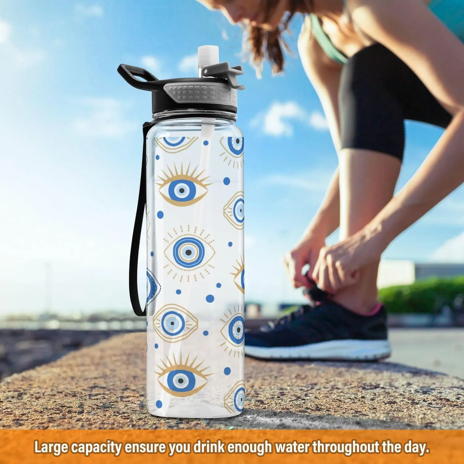 Caikeny Water Bottle with Straw Funny Eye Sports Bottles BPA-Free Tritan Blue Dots Water Jug with Carrying Strap for Women Men Gym Outdoor Sports