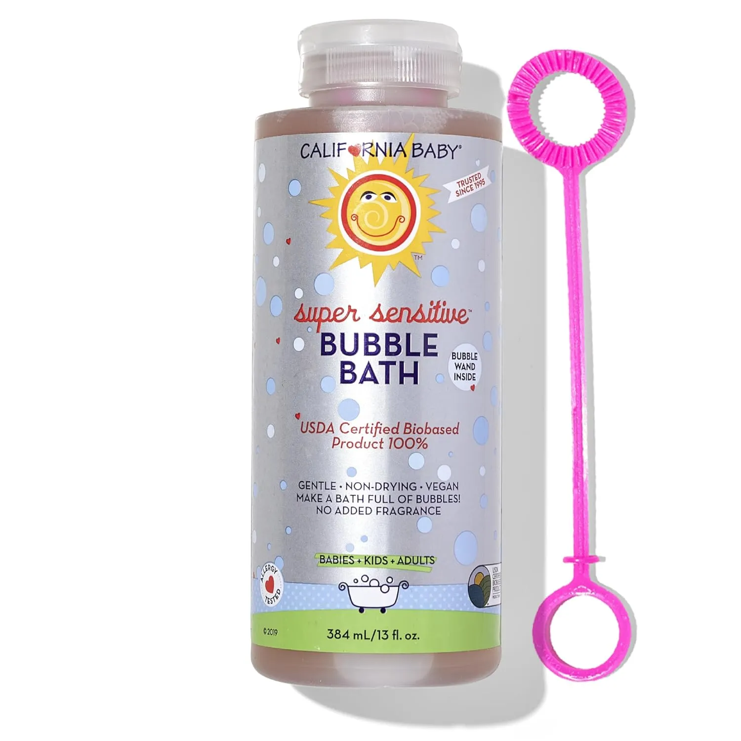 California Baby Super Sensitive Bubble Bath | No Added Fragrance | 100% Plant-Based Ingredients (USDA Certified) | Allergy Friendly | Babies, Adults & Kid Bubble Bath | Ideal for Sensitive Skin | Free Bubble Wand Included |13 Fl oz