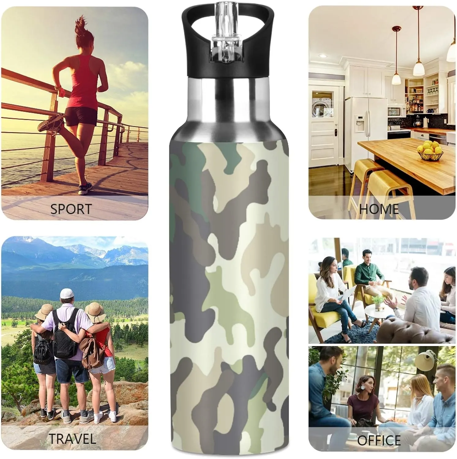 Camo Camouflage Forest Military Sport Water Bottle with Straw, Vacuum Insulated Stainless Steel Thermal Flask Leakproof BPA Free Drinking Bottle for Gym Fitness Camping-20oz/600ml