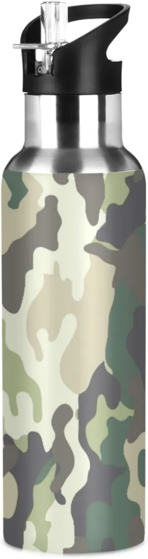 Camo Camouflage Forest Military Sport Water Bottle with Straw, Vacuum Insulated Stainless Steel Thermal Flask Leakproof BPA Free Drinking Bottle for Gym Fitness Camping-20oz/600ml