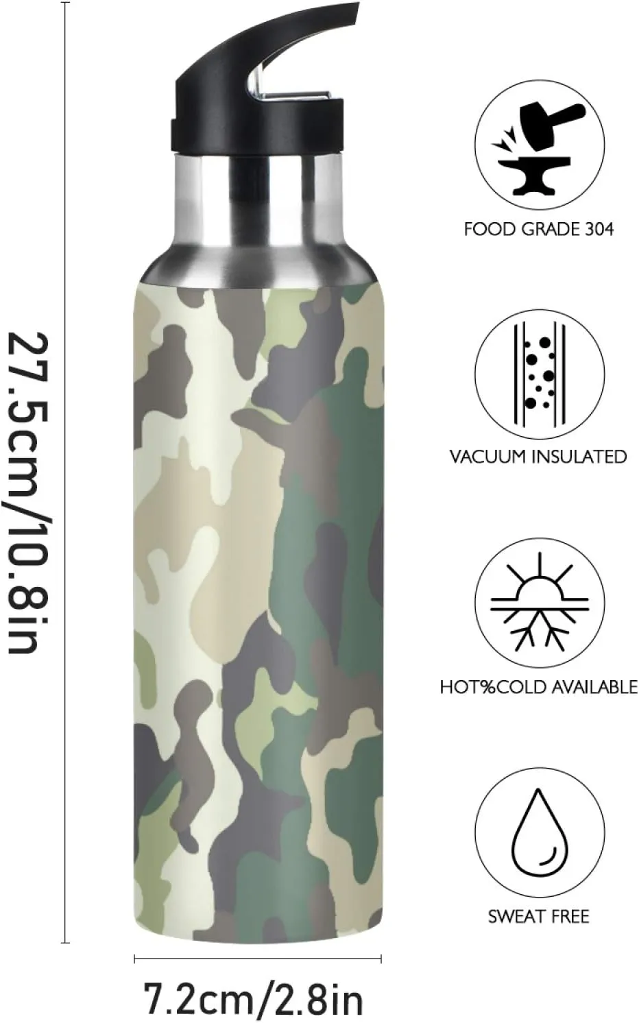 Camo Camouflage Forest Military Sport Water Bottle with Straw, Vacuum Insulated Stainless Steel Thermal Flask Leakproof BPA Free Drinking Bottle for Gym Fitness Camping-20oz/600ml