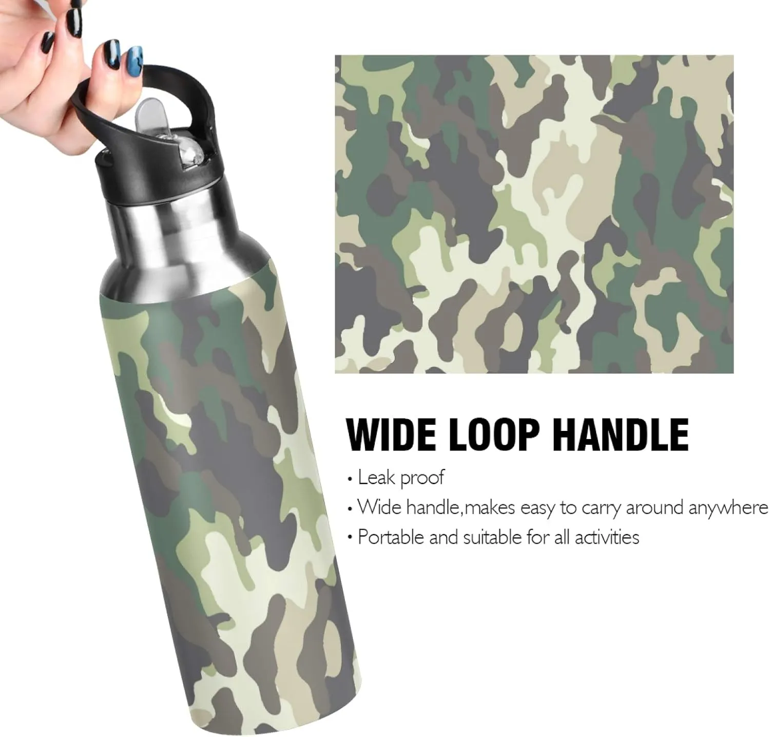 Camo Camouflage Forest Military Sport Water Bottle with Straw, Vacuum Insulated Stainless Steel Thermal Flask Leakproof BPA Free Drinking Bottle for Gym Fitness Camping-20oz/600ml