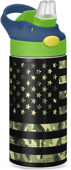 Camouflage Flag Kids Water Bottle with Straw and Carry Handle Patriotic Camo American Flag Vacuum Insulated Stainless Steel Bottles Leak-Proof for Boys Girls Toddler 12 oz Green Lid