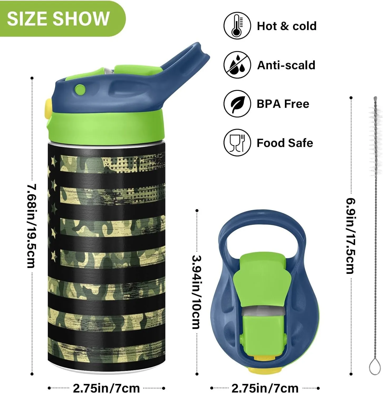 Camouflage Flag Kids Water Bottle with Straw and Carry Handle Patriotic Camo American Flag Vacuum Insulated Stainless Steel Bottles Leak-Proof for Boys Girls Toddler 12 oz Green Lid