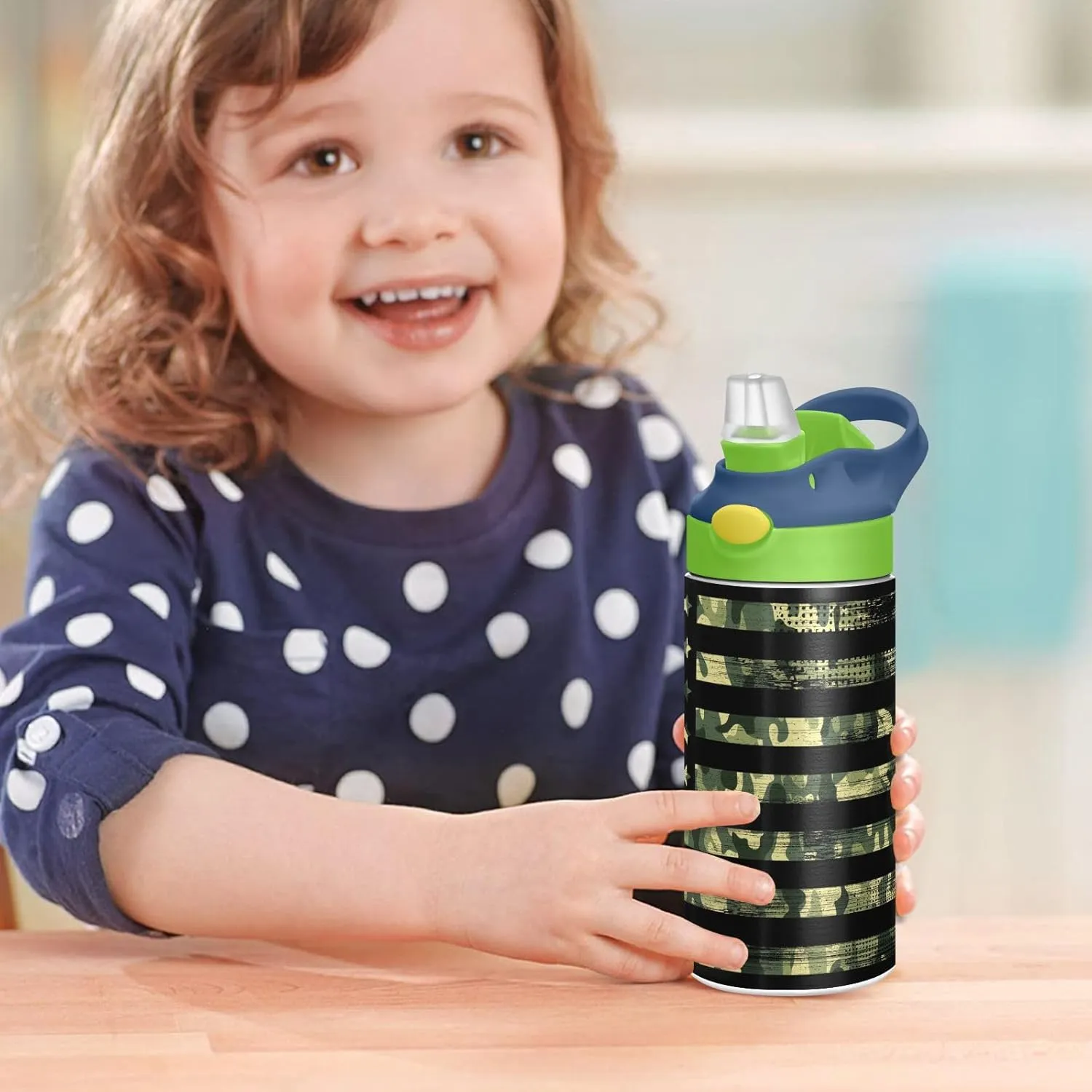 Camouflage Flag Kids Water Bottle with Straw and Carry Handle Patriotic Camo American Flag Vacuum Insulated Stainless Steel Bottles Leak-Proof for Boys Girls Toddler 12 oz Green Lid
