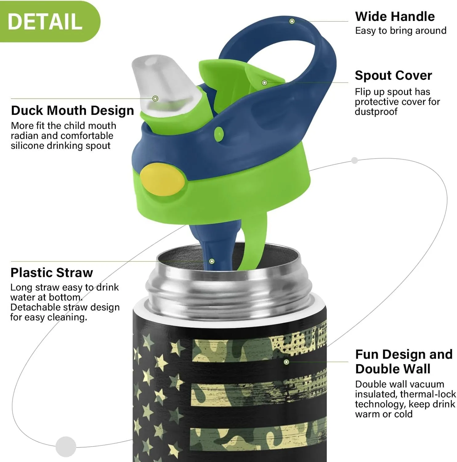 Camouflage Flag Kids Water Bottle with Straw and Carry Handle Patriotic Camo American Flag Vacuum Insulated Stainless Steel Bottles Leak-Proof for Boys Girls Toddler 12 oz Green Lid