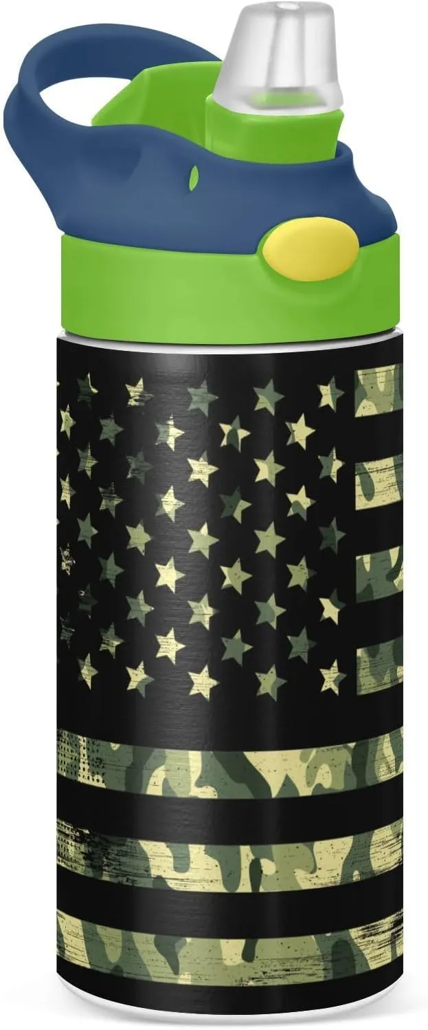 Camouflage Flag Kids Water Bottle with Straw and Carry Handle Patriotic Camo American Flag Vacuum Insulated Stainless Steel Bottles Leak-Proof for Boys Girls Toddler 12 oz Green Lid
