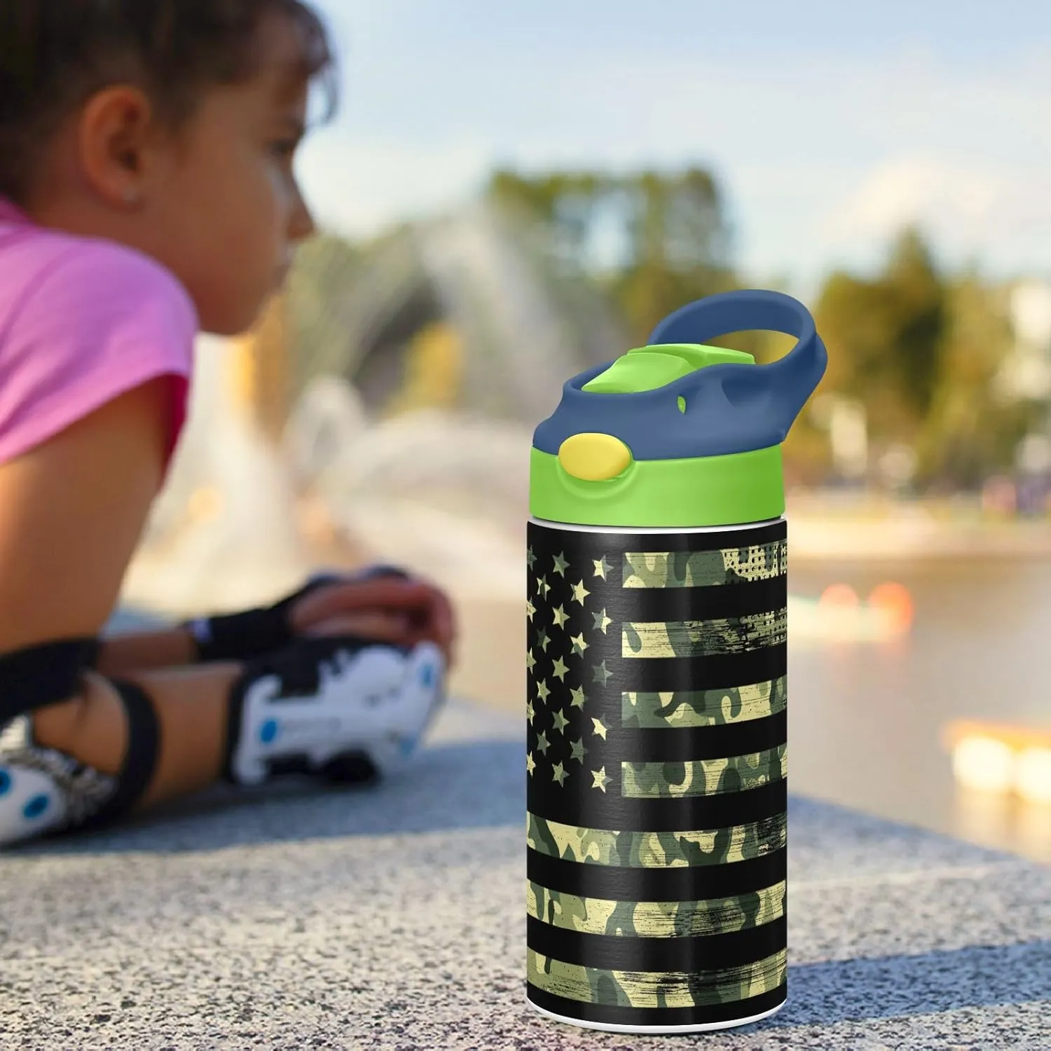 Camouflage Flag Kids Water Bottle with Straw and Carry Handle Patriotic Camo American Flag Vacuum Insulated Stainless Steel Bottles Leak-Proof for Boys Girls Toddler 12 oz Green Lid