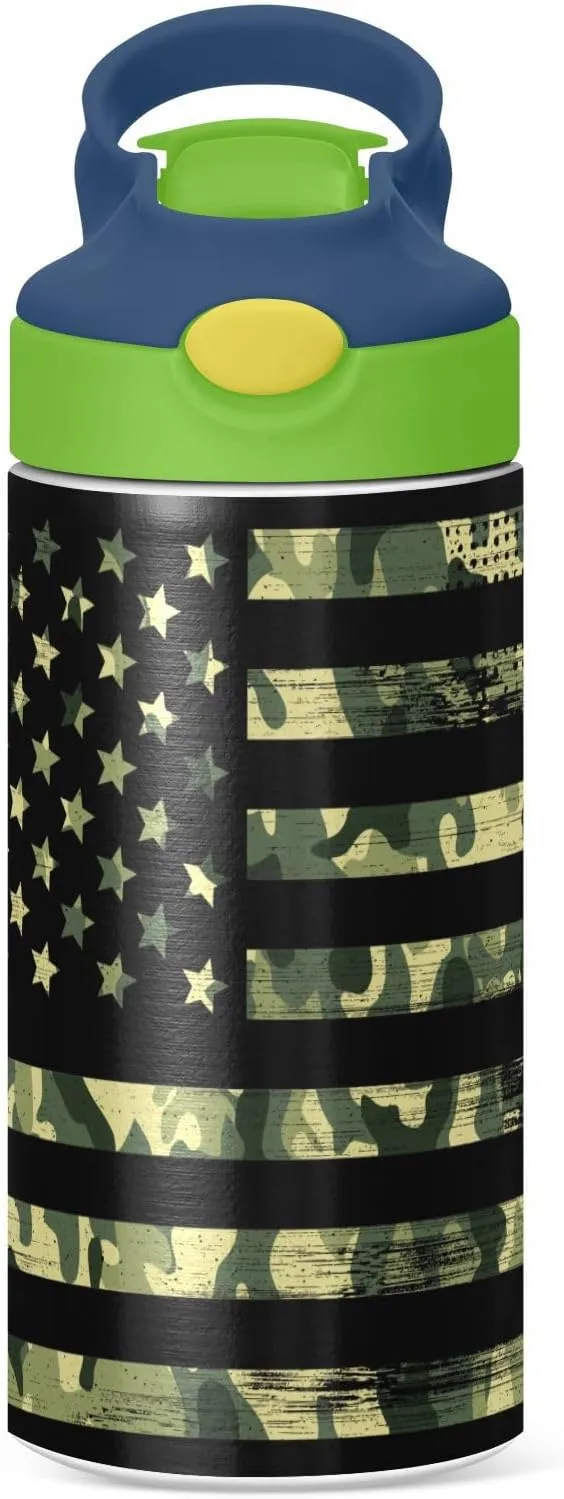 Camouflage Flag Kids Water Bottle with Straw and Carry Handle Patriotic Camo American Flag Vacuum Insulated Stainless Steel Bottles Leak-Proof for Boys Girls Toddler 12 oz Green Lid