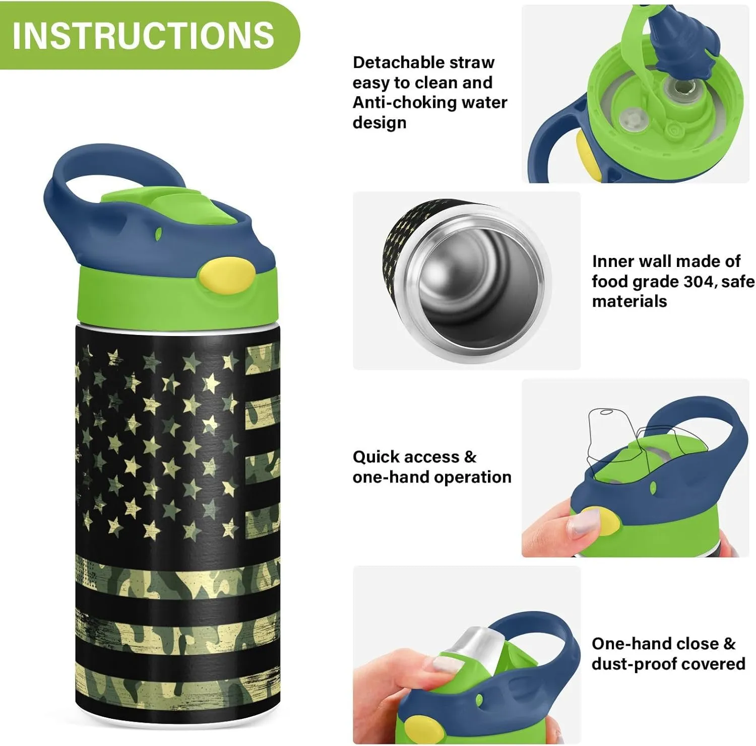 Camouflage Flag Kids Water Bottle with Straw and Carry Handle Patriotic Camo American Flag Vacuum Insulated Stainless Steel Bottles Leak-Proof for Boys Girls Toddler 12 oz Green Lid