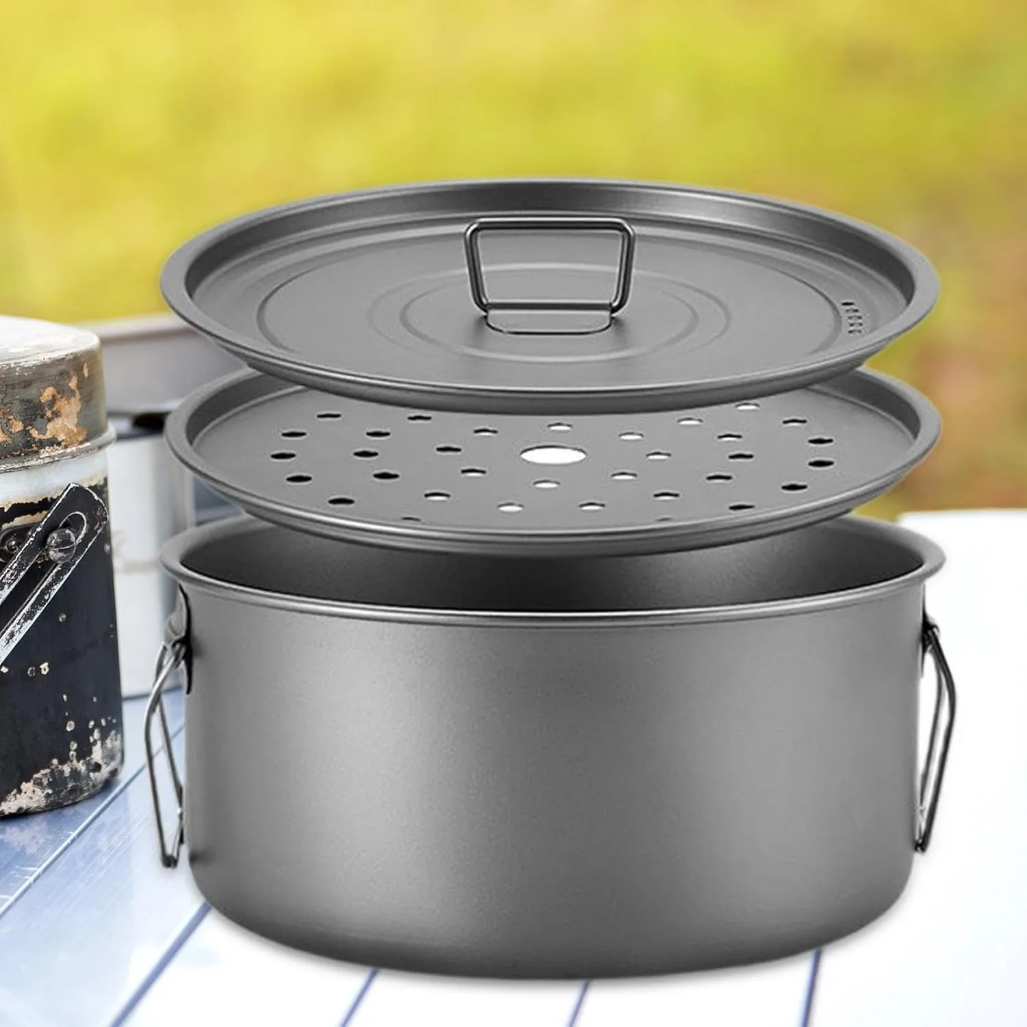 Camp Cooking Pot Titanium Camping Mug 2200ml Backpack Hiking with Lid Tableware Foldable Handle Trekking Camping Pot with Lid