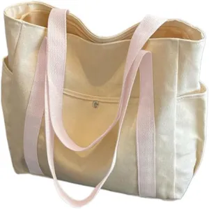 Canvas Tote Bag with 3External Pockets, Multi-pockets Shoulder Bags for Women, Top Zipper Closure, Daily Handbag with Liner