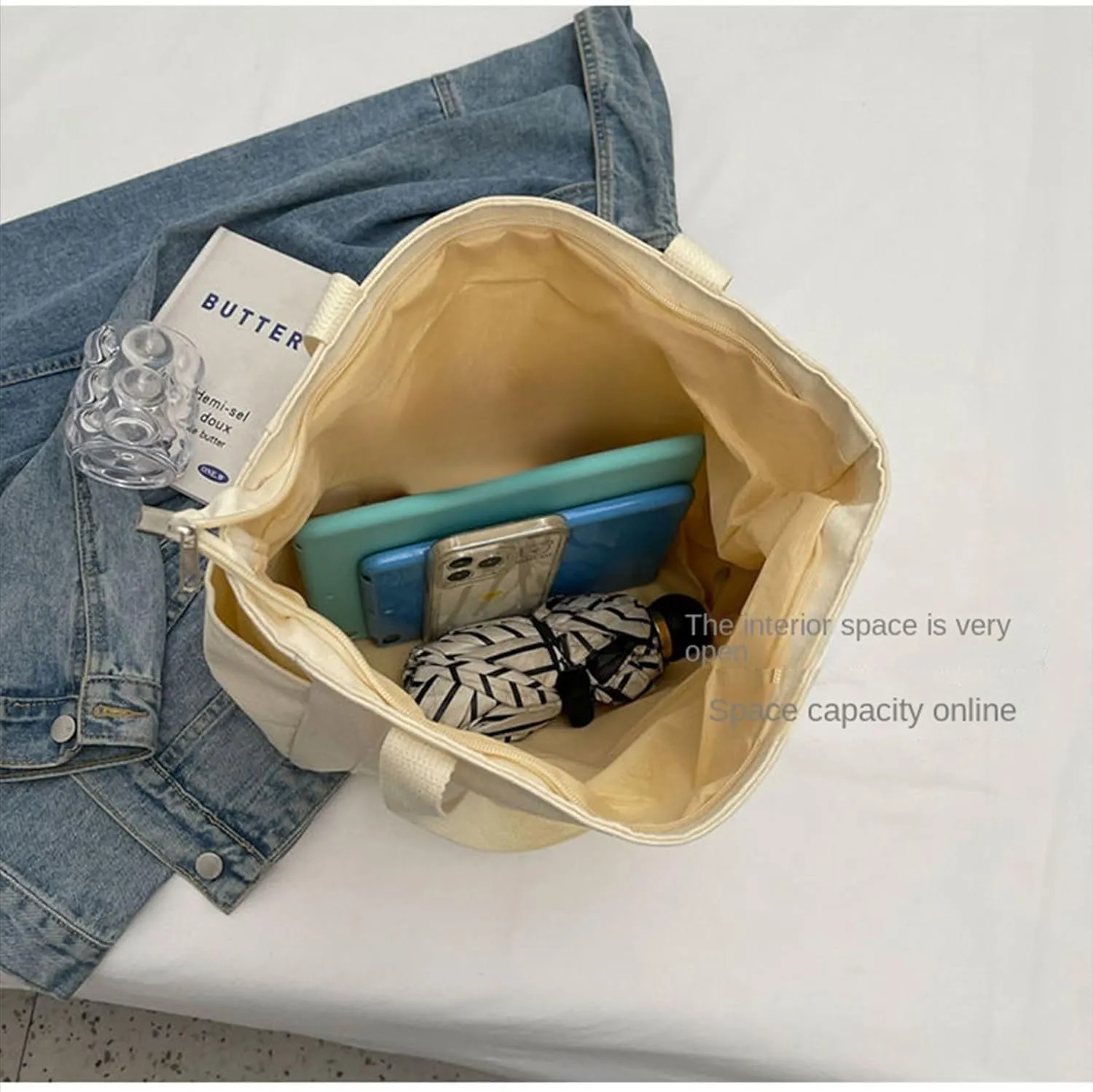 Canvas Tote Bag with 3External Pockets, Multi-pockets Shoulder Bags for Women, Top Zipper Closure, Daily Handbag with Liner