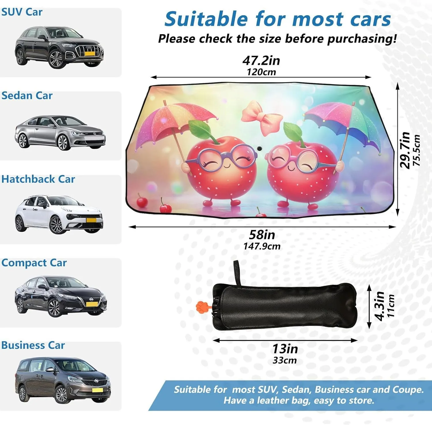 Car Windshield Sunshade Umbrella, Cherry Buddies Parade Windshield Cover Sun Shade, for Truck SUV Front Window Sunshade, Blocks Heat & UV Rays, Cool Down The Vehicle 58"x 29.7"