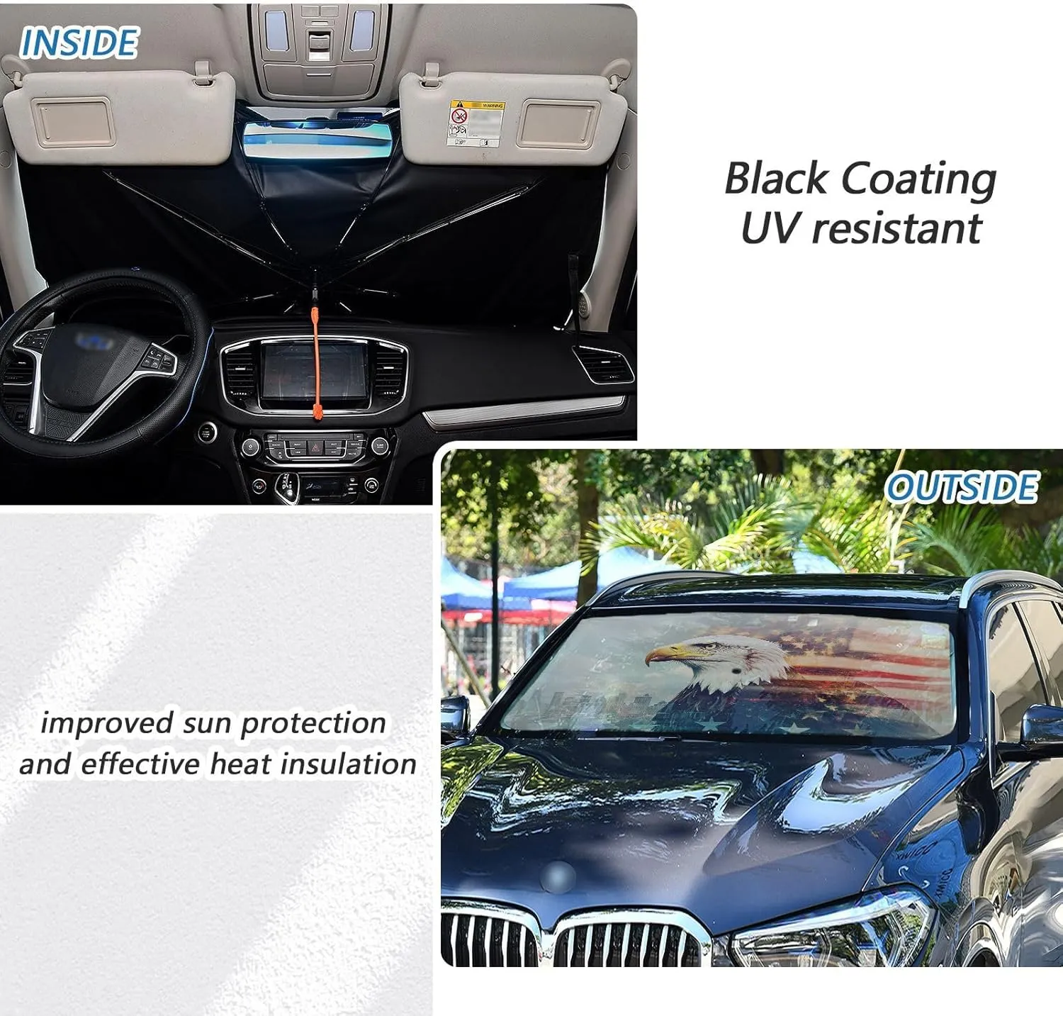 Car Windshield Sunshade Umbrella, Eagle Flag Double Exposure Windshield Cover Sun Shade, for Truck SUV Front Window Sunshade, Blocks Heat & UV Rays, Cool Down The Vehicle 58"x 29.7"