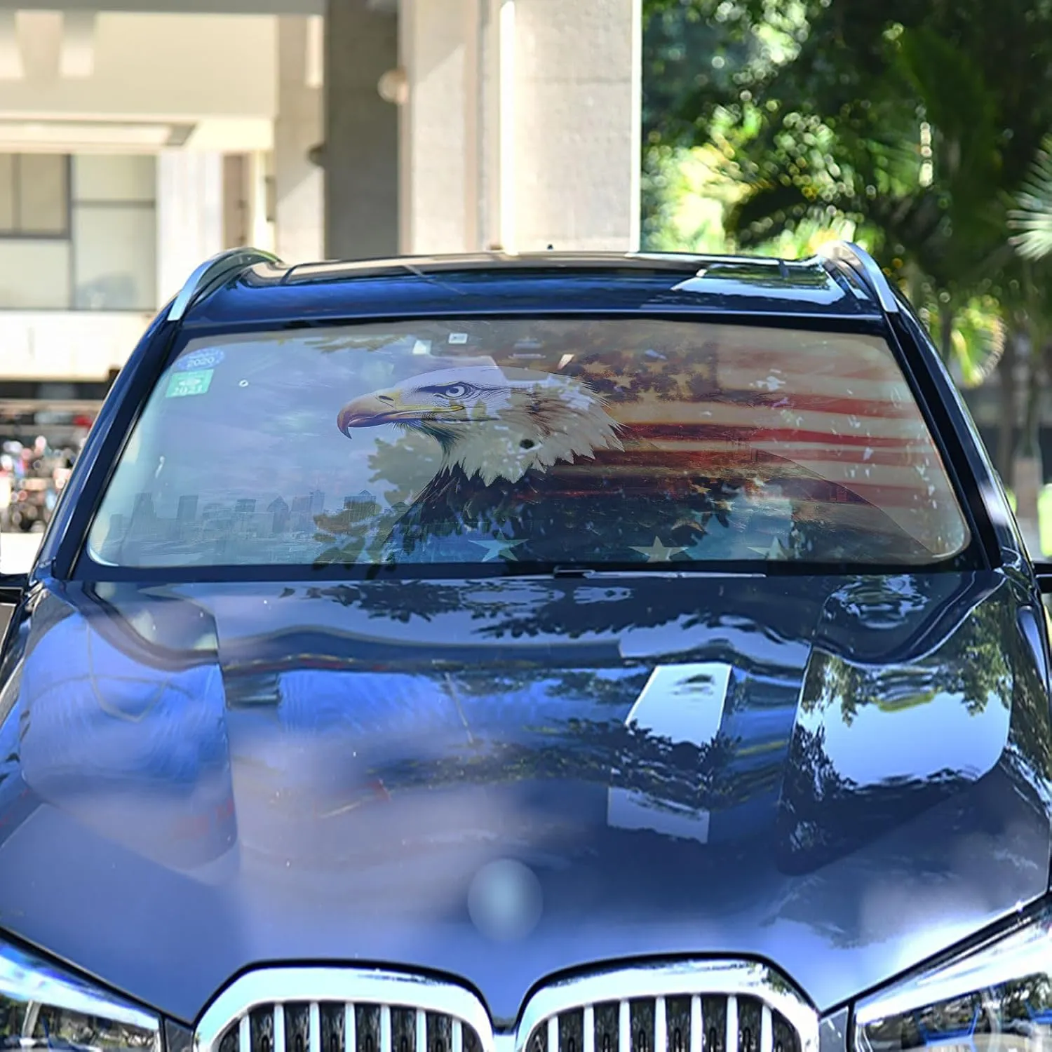 Car Windshield Sunshade Umbrella, Eagle Flag Double Exposure Windshield Cover Sun Shade, for Truck SUV Front Window Sunshade, Blocks Heat & UV Rays, Cool Down The Vehicle 58"x 29.7"
