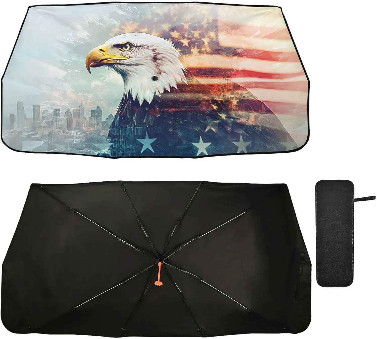 Car Windshield Sunshade Umbrella, Eagle Flag Double Exposure Windshield Cover Sun Shade, for Truck SUV Front Window Sunshade, Blocks Heat & UV Rays, Cool Down The Vehicle 58"x 29.7"