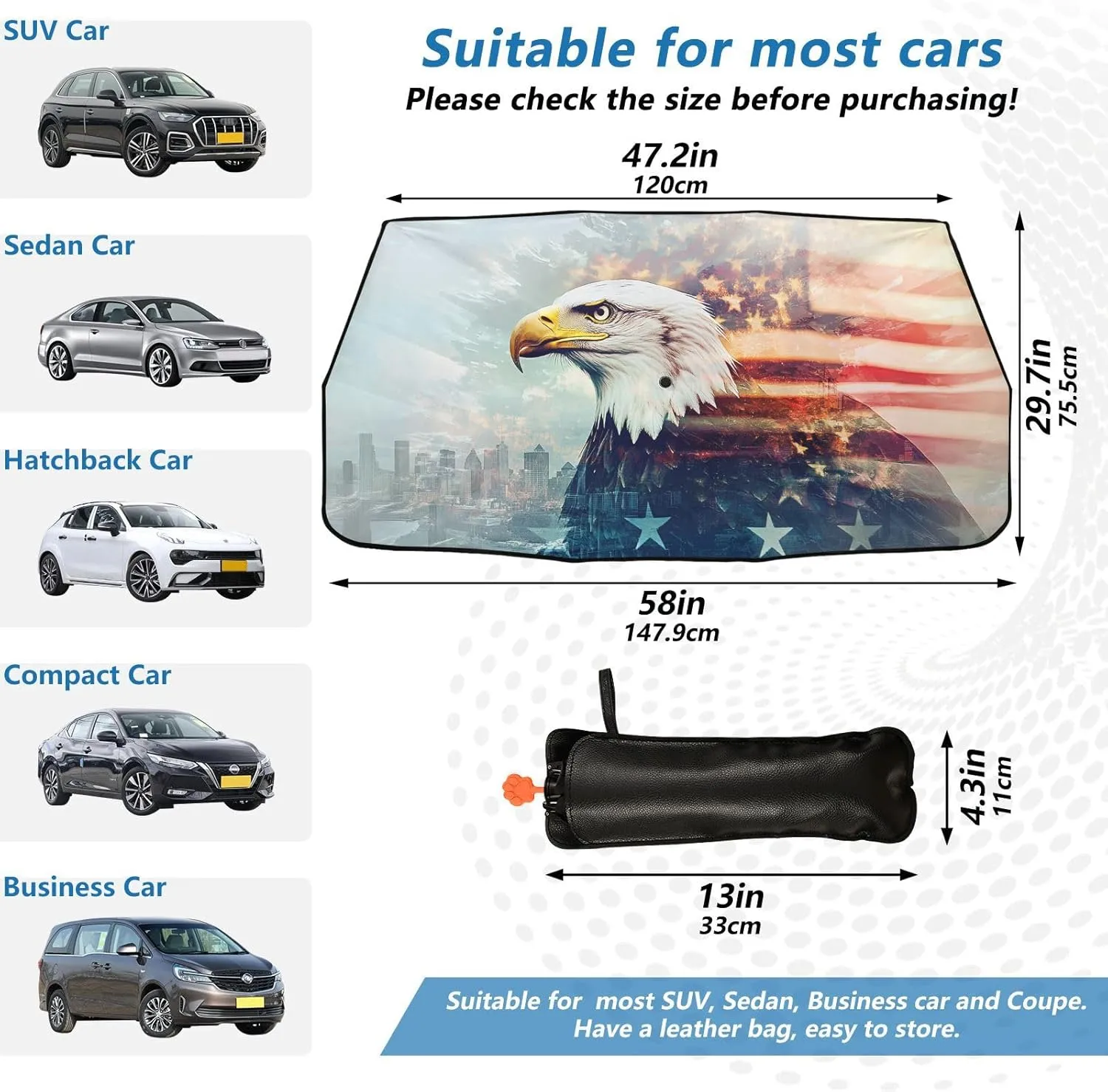 Car Windshield Sunshade Umbrella, Eagle Flag Double Exposure Windshield Cover Sun Shade, for Truck SUV Front Window Sunshade, Blocks Heat & UV Rays, Cool Down The Vehicle 58"x 29.7"