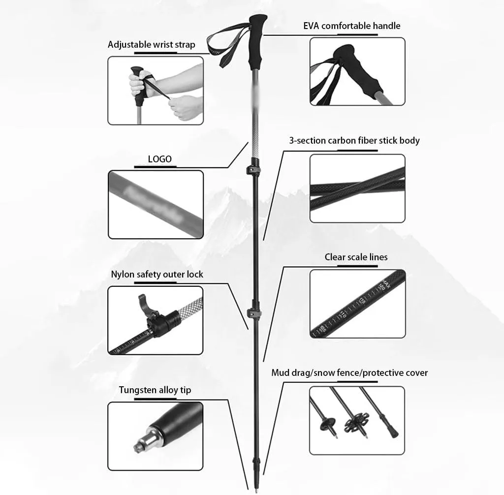Carbon Fiber Ultralight Trekking Poles, Anti-Shock Mountaining Trail Poles, Tri-fold Design, Balance Support for Seniors, Women, and Men