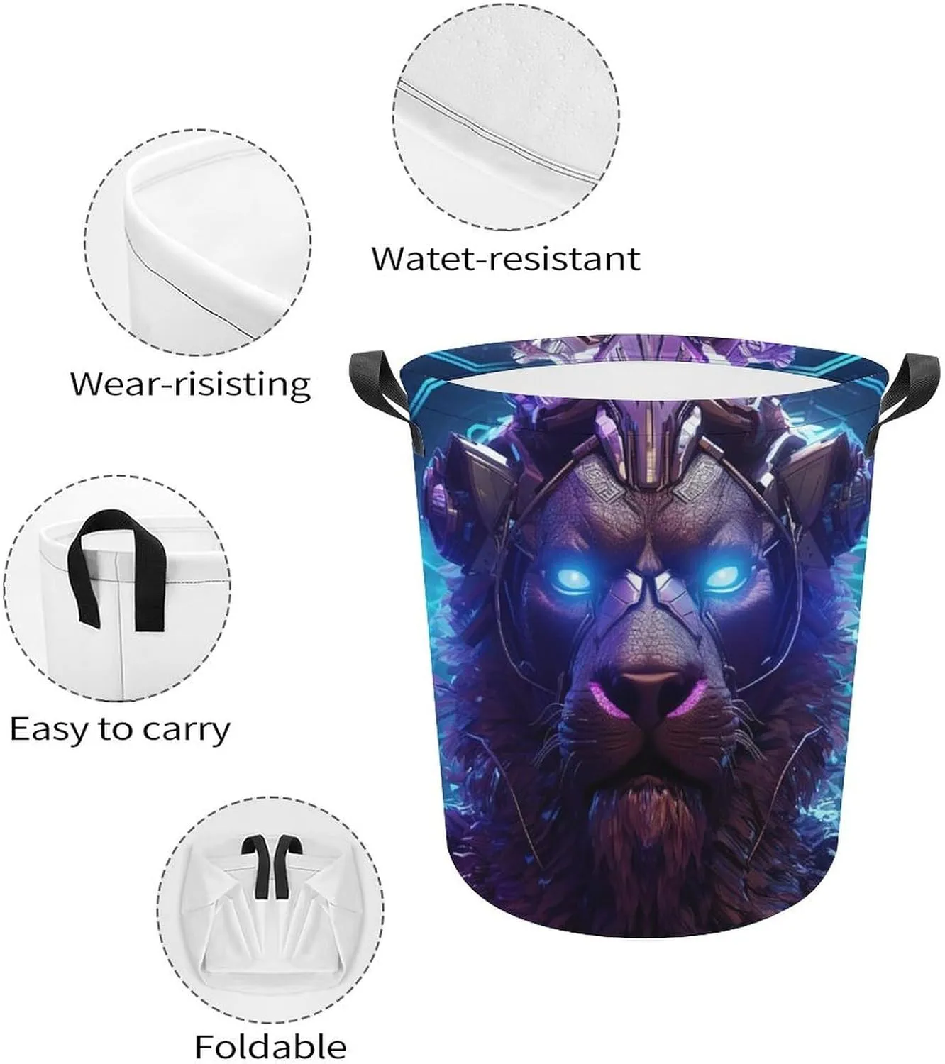 Carnivore Laundry Basket, Wild Animals Collapsible Laundry Hamper, Waterproof Oxford Cloth Laundry Bag with Handles, Lion Clothes Toy Organizer Basket for Room, style-4