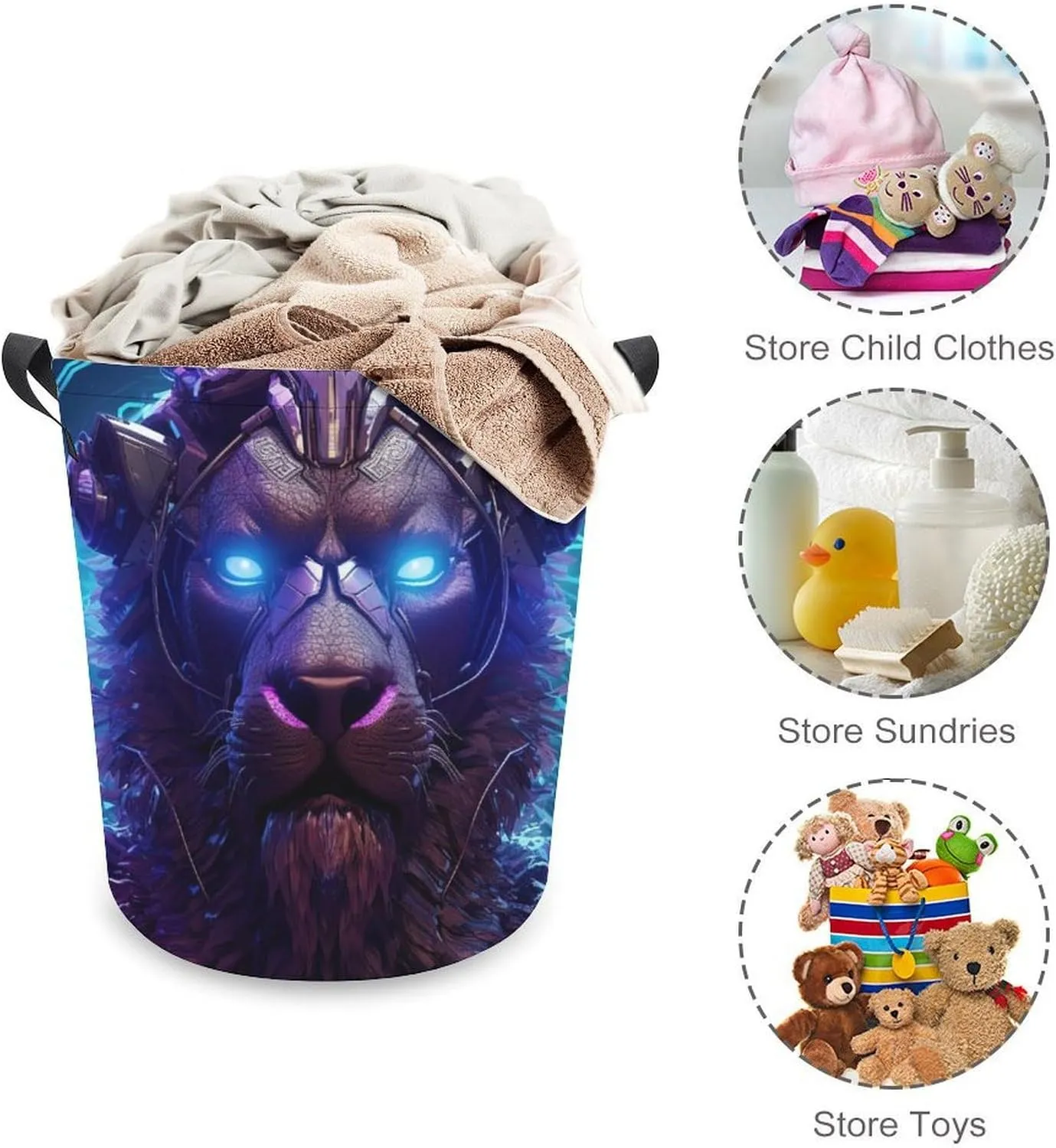 Carnivore Laundry Basket, Wild Animals Collapsible Laundry Hamper, Waterproof Oxford Cloth Laundry Bag with Handles, Lion Clothes Toy Organizer Basket for Room, style-4