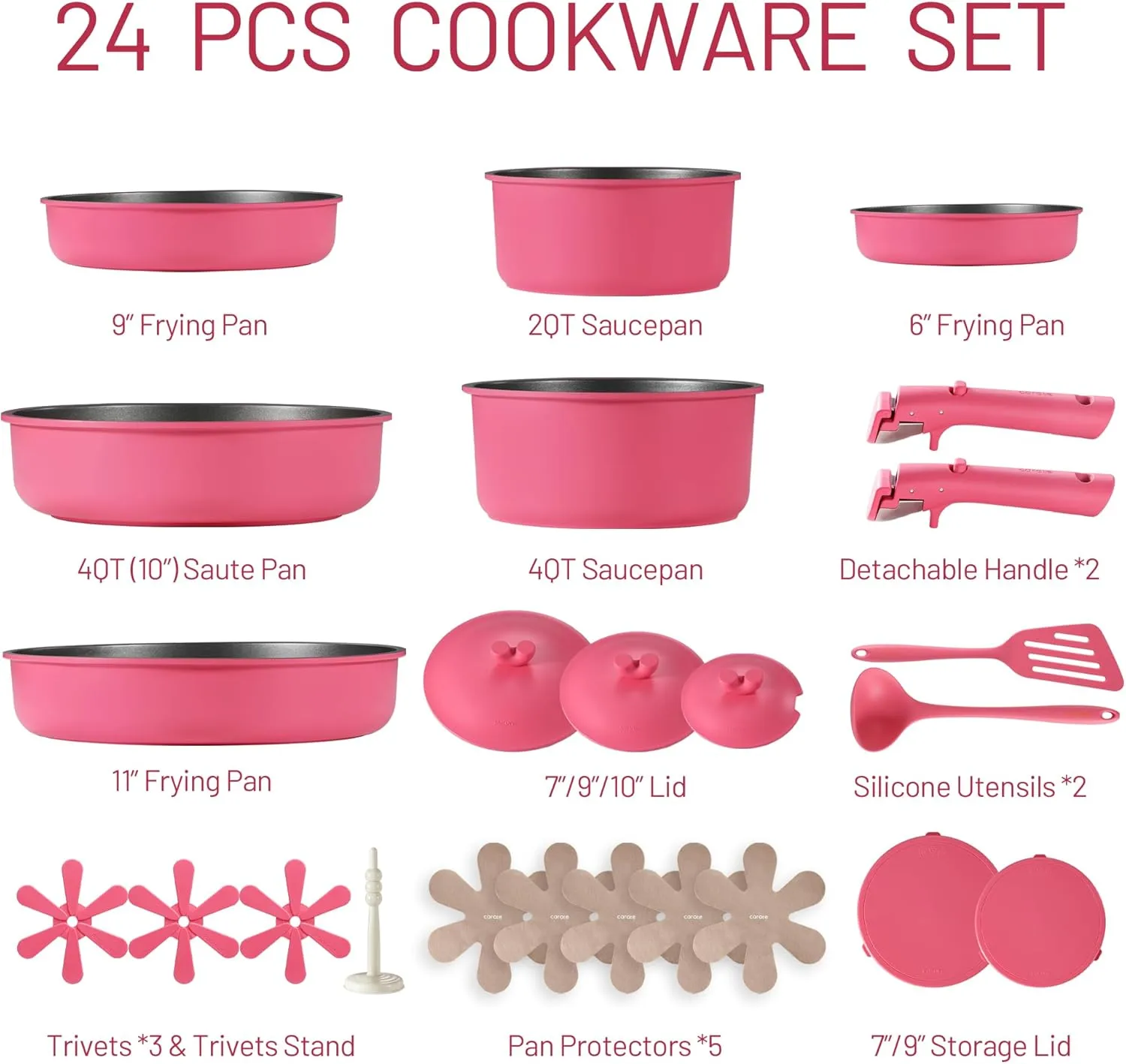CAROTE 24pcs Pots and Pans Set Non Stick, Nonstick Cookware Set, Oven/Dishwasher/Fridge Safe Pots and Pans, RV Safe Cookware, Induction Kitchen Gift Set Detachable Handle, Pink