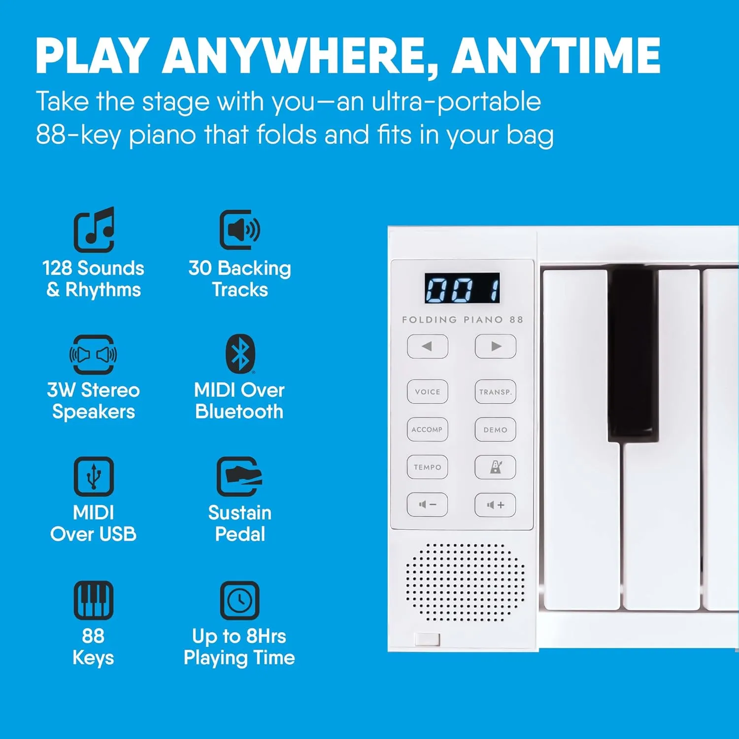 Carry-on 88 Key Folding Piano - Ultra-Portable and Full-Sized with 128 Voices and USB MIDI Connectivity - Travel Piano Keyboard Perfect for Practice, Travel, and Performances - Black