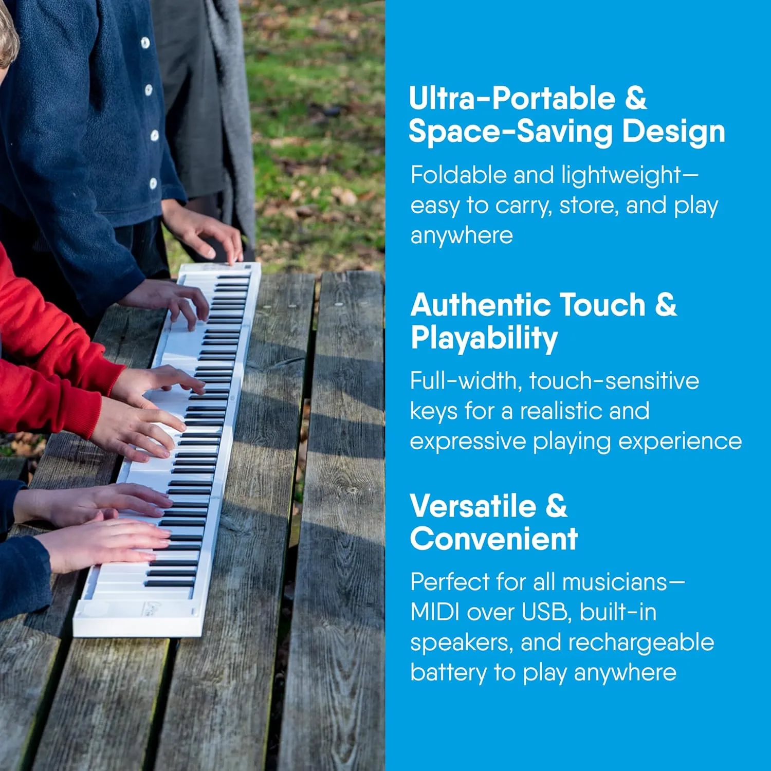 Carry-on Folding Piano 88 Touch - Ultra-Portable and Full-Sized with 128 Voices, USB & Bluetooth MIDI Connectivity - Travel Piano Keyboard Perfect for Practice, Travel, and Performances - White