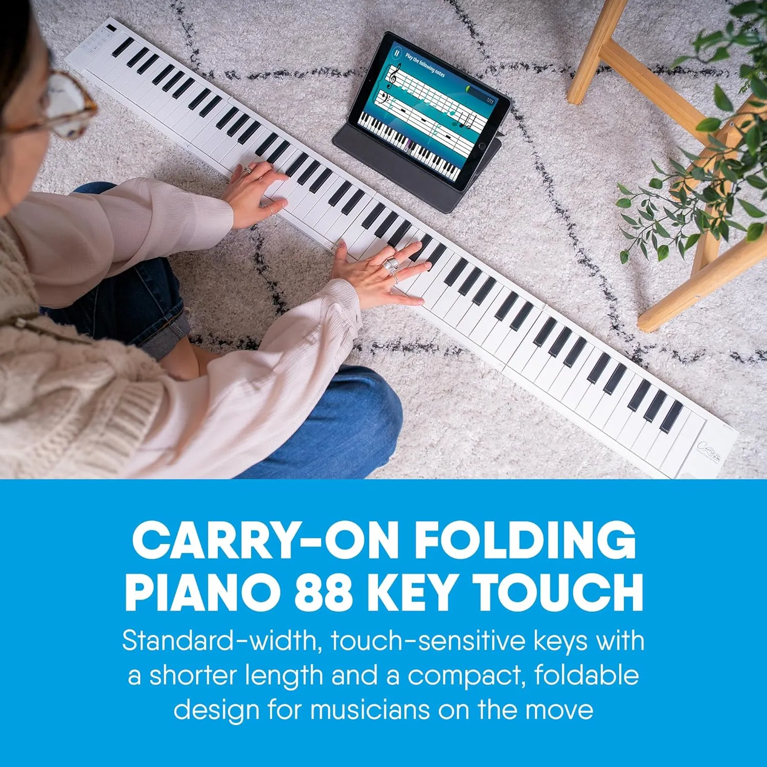 Carry-on Folding Piano 88 Touch - Ultra-Portable and Full-Sized with 128 Voices, USB & Bluetooth MIDI Connectivity - Travel Piano Keyboard Perfect for Practice, Travel, and Performances - White